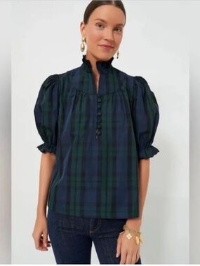 Pomander Place Blackwatch Selena Blouse Plaid Puff-Sleeve Ruffled Collar Top XS
